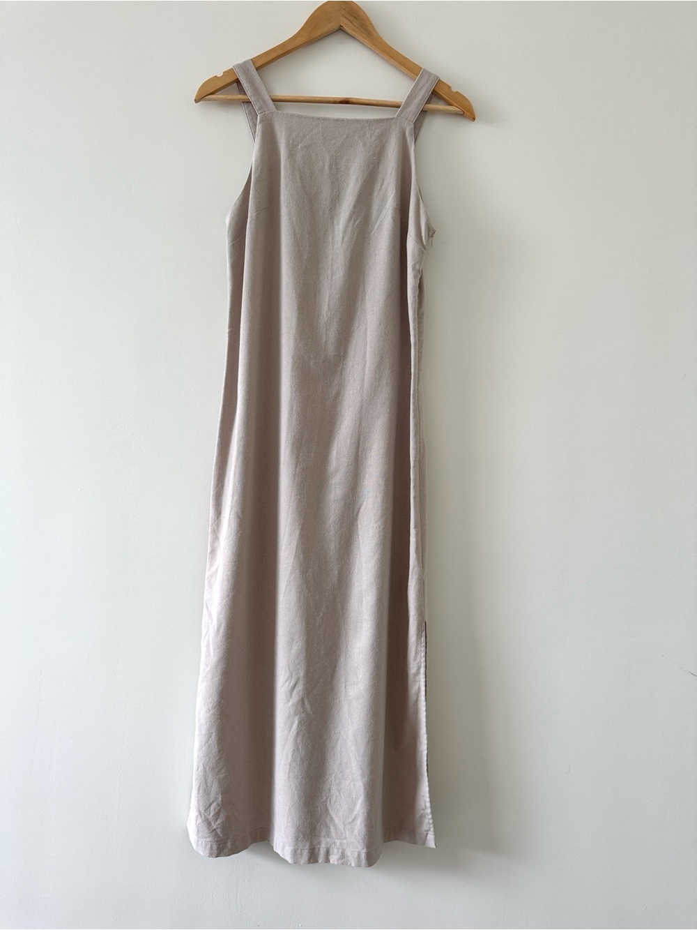 Commense Linen Blend Square Neck Maxi Dress Side Slits Beige Taupe XS Coastal - Picture 2 of 7